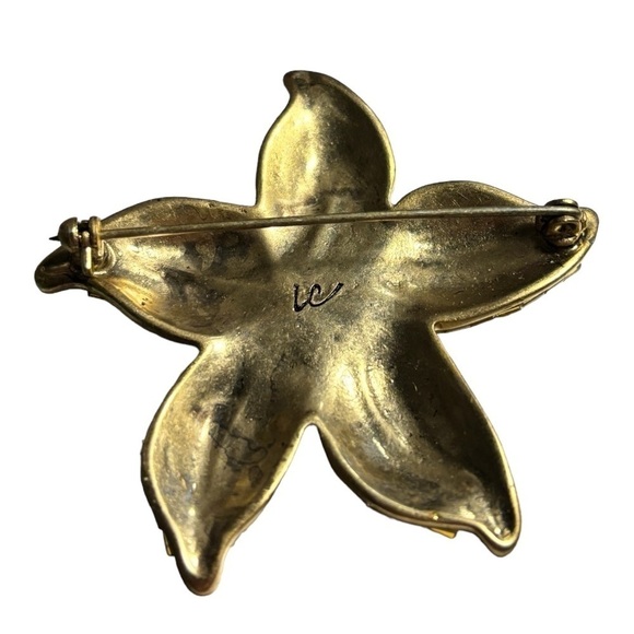 Sea Star / Starfish Brooch Gold & White Seed Beads Tiger Eye Center Stone Signed - Picture 2 of 6